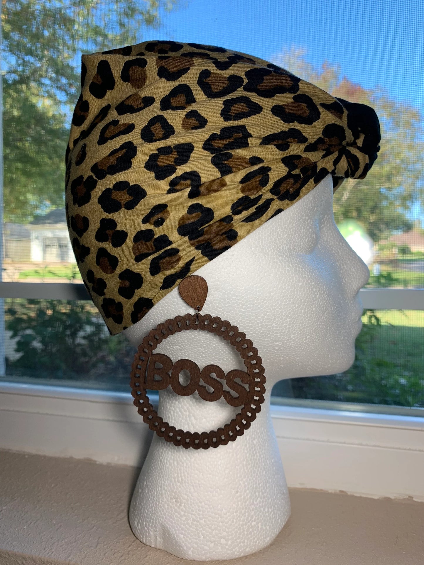 Boss script circle wood earring, Boss earrings, wood earrings, circle wood earrings