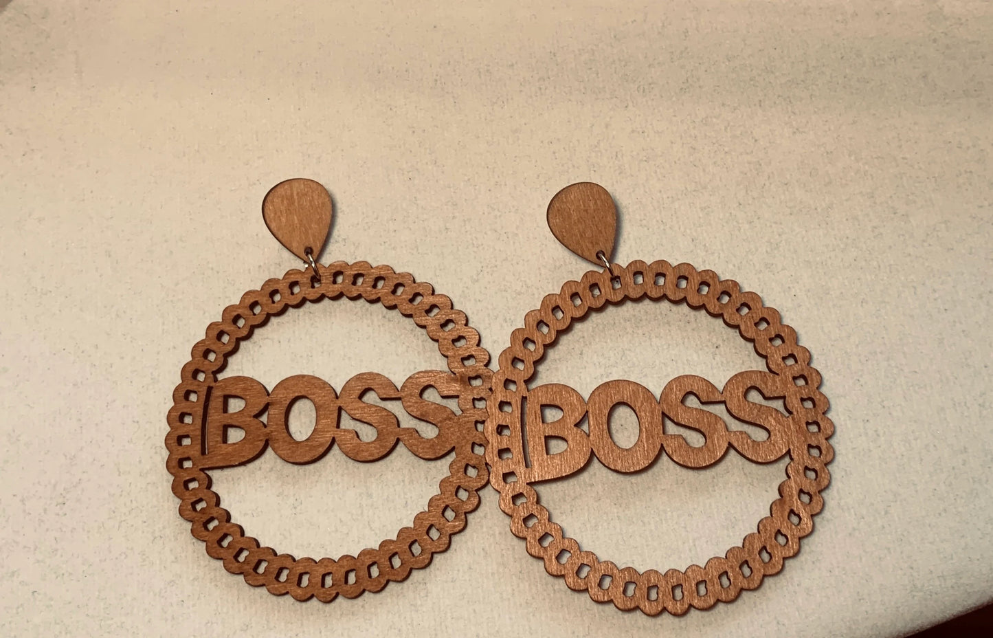 Boss script circle wood earring, Boss earrings, wood earrings, circle wood earrings