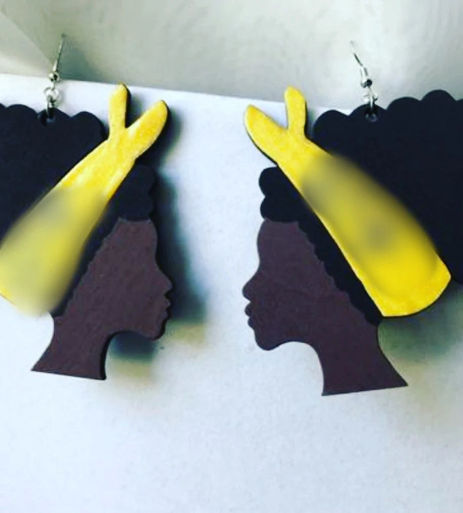 afro lady hand painted earrings with lettering