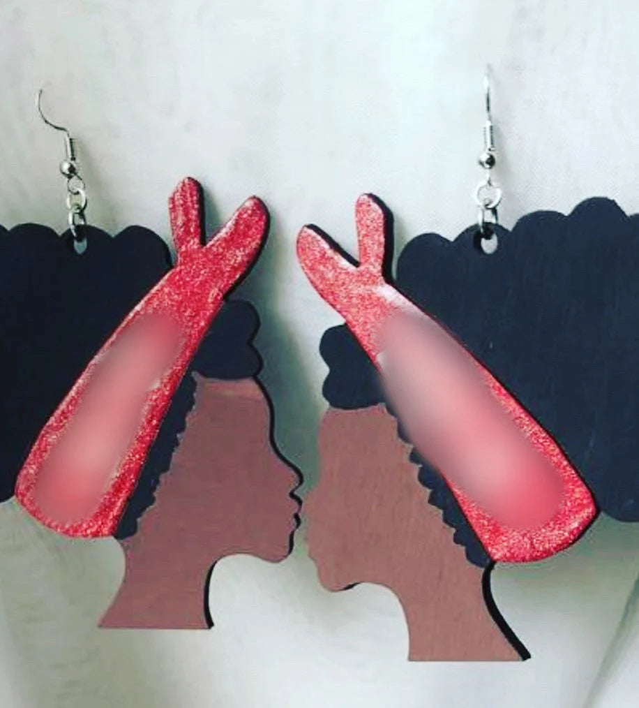 afro lady hand painted earrings with lettering