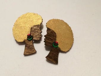 small Afro lady // inspired // handpainted & stained //stud or clipon // wood jewelry // wood earrings