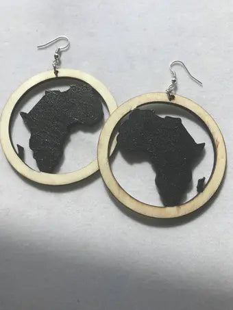 Africa wood earrings, african inspired earrings, africa map earrings, wood earrings, africa map hand painted glitter black, you choose color