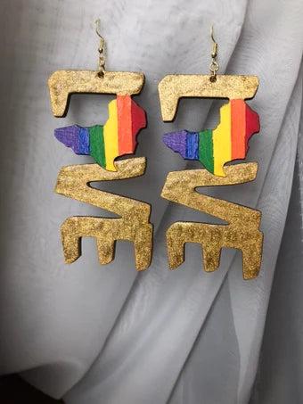 Love africa hand painted wood earrings, love is golden earrings, wood earrings, love earrings, LGBTQ inspired jewelry