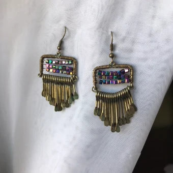 Antique brass iridescent beaded paddle drop earrings, antique style earrings, vintage earrings, wire wrapped earrings, brass earrings