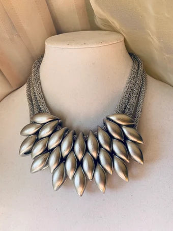 Beautiful silver woven cloth necklace with silver diamond shaped pendants, chunky statement necklace, silver necklace, lightweight