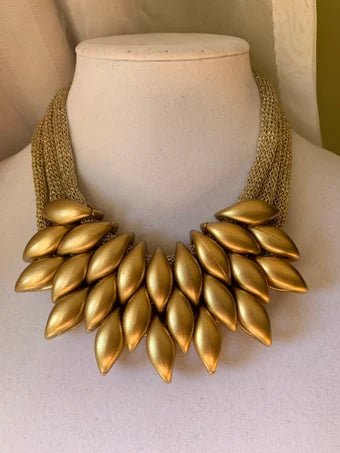 Beautiful gold woven cloth necklace with diamond shaped gold pendants, chunky statement necklace, gold necklace, lightweight necklace