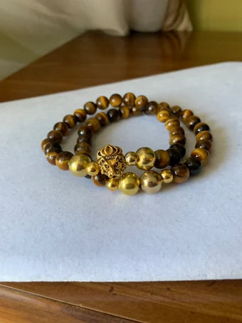 King lion bracelet set made with tiger eye glass beads and gold spacers, mens beaded bracelet set, gift for him