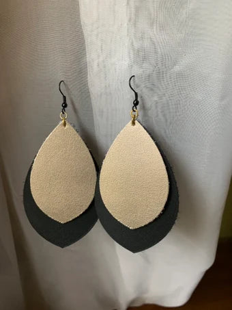 Black and Gold genuine leather teardrop earrings, black and gold earrings, leather earrings, genuine leather jewelry