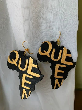 Queen Africa wood earrings, Black and gold Queen Africa wood earrings, Africa shaped earrings, African inspired earrings, handpainted wood