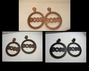 Boss script circle wood earring, Boss earrings, wood earrings, circle wood earrings
