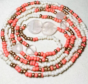 Pink Salt is coral, rose gold and Pearl with rose Quartz hearts centered waist beads, rose Quartz waist beads, tie on or clasp waist beads