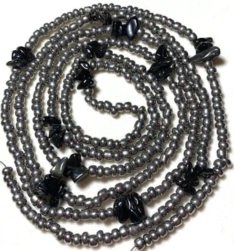 Silver and black waist beads made with black jasper chips, body jewelry, waist loss jewelry, silver beads