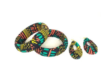 Gorgeous kente cloth wrapped bracelets and earrings set, african inspired jewelry, bracelets earrings