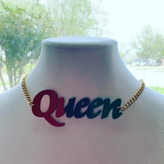 Queen necklace, wood Queen necklace, queen nameplate necklace, adjustable necklace, Queen choker on gold chain