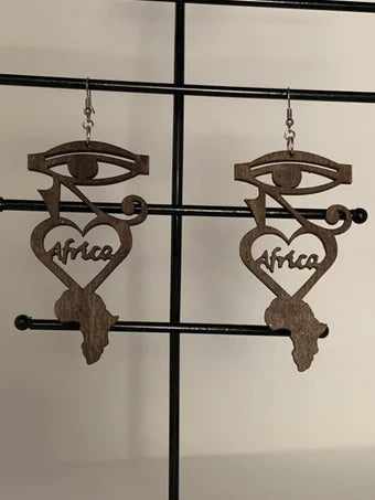 I love africa wood earrings, eye of horus jewelry, africa earrings, african inspired jewelry, eye love Africa, wood jewelry