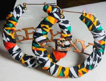 Kente Cloth wrapped bamboo hoop earrings, bamboo hoop earrings, hoop earrings With SEXY script