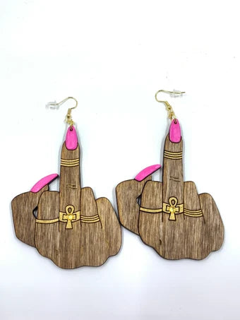 Middle finger wood earrings, hand gesture wood earrings, wood earrings, hand painted earrings, fuck you hand gesture earrings