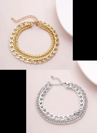 Three layered ankle bracelet in silver and gold, layered chain ankle bracelet, anklet, ankle bracelets