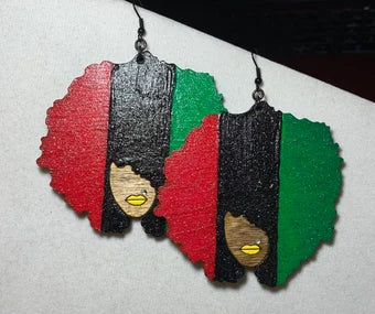 Red black green and yellow Big afro lady wood earrings, African inspired wood earrings, handpainted wood earrings