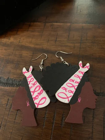 Sm Breast Cancer awareness earrings, breast cancer awareness jewelry, afro lady breast cancer awareness wood earrings,hand painted afro lady