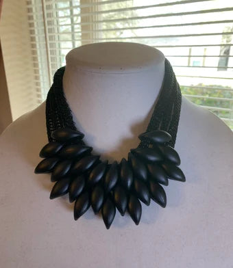 Beautiful black woven cloth necklace with diamond shaped black pendants, chunky statement necklace, black necklace, lightweight necklace