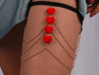 Sexy thigh chain with red hearts and garter, gold chain thigh jewelry, garter, thigh garter belt,