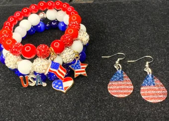 Red, white and blue bracelet set with earrings, bracelet set, jewelry set, Fourth of July, teardrop earrings, 4th of July