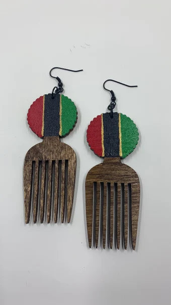 RBG afro pick handpainted and stained earrings, handpainted natural wood earrings, African inspired earrings, African inspired jewelry