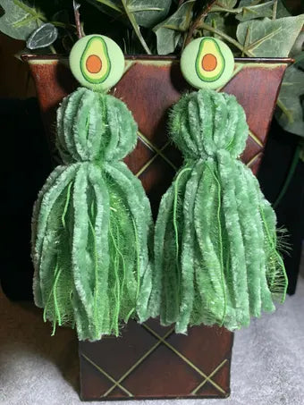 Avocado inspired button tassel earrings, avocado earrings, tassel earrings, green tassel earrings