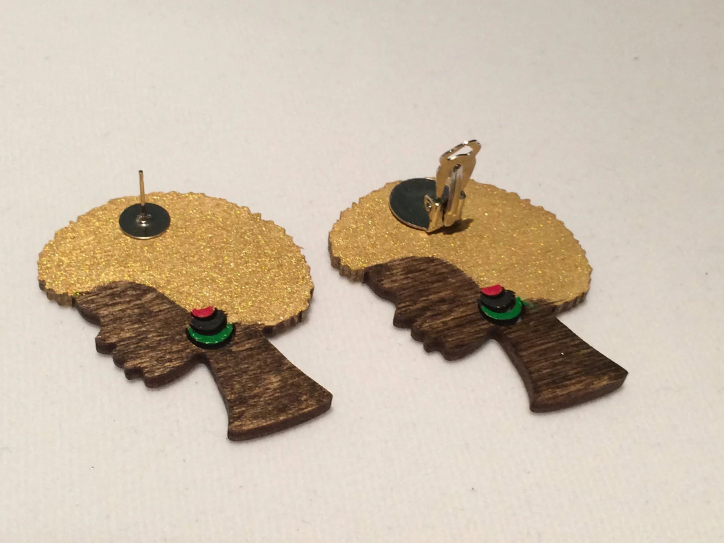 small Afro lady // inspired // handpainted & stained //stud or clipon // wood jewelry // wood earrings