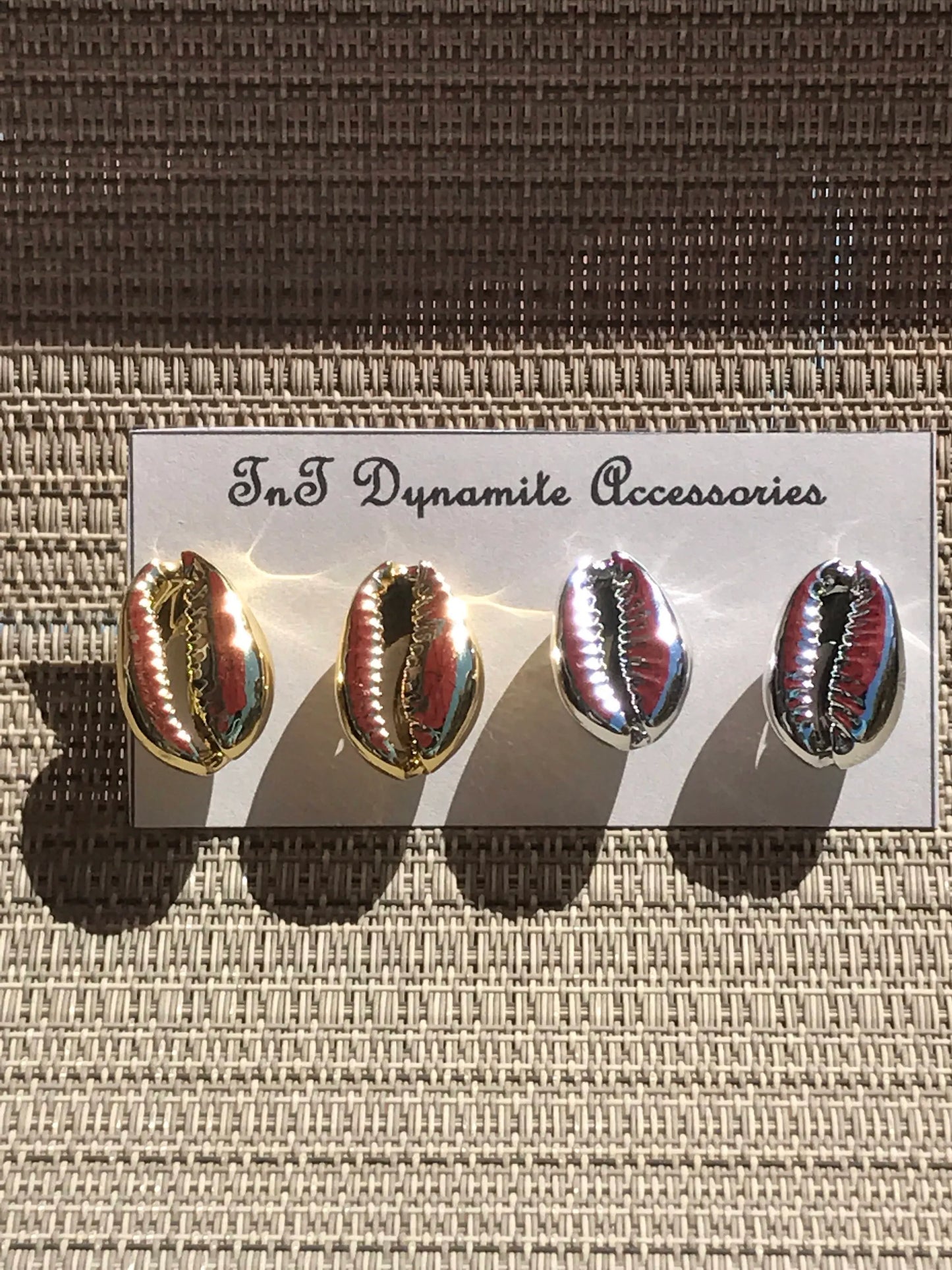 Silver, gold and natural cowrie shell stud earrings