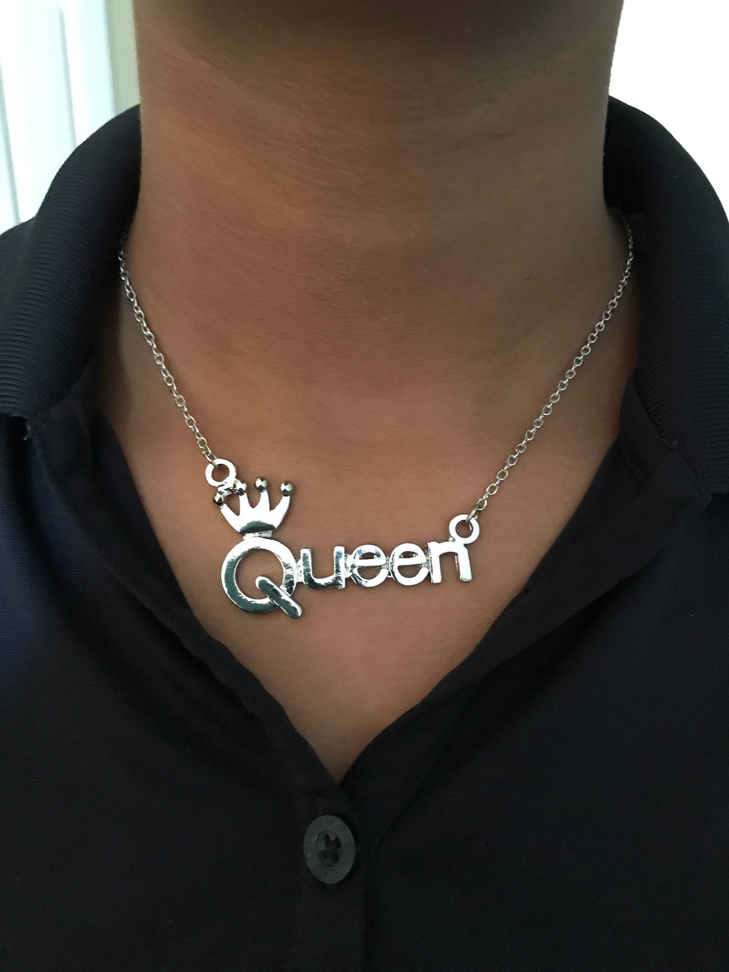 Silver Queen script necklace, queen silver necklace, queen jewelry, silver jewelry