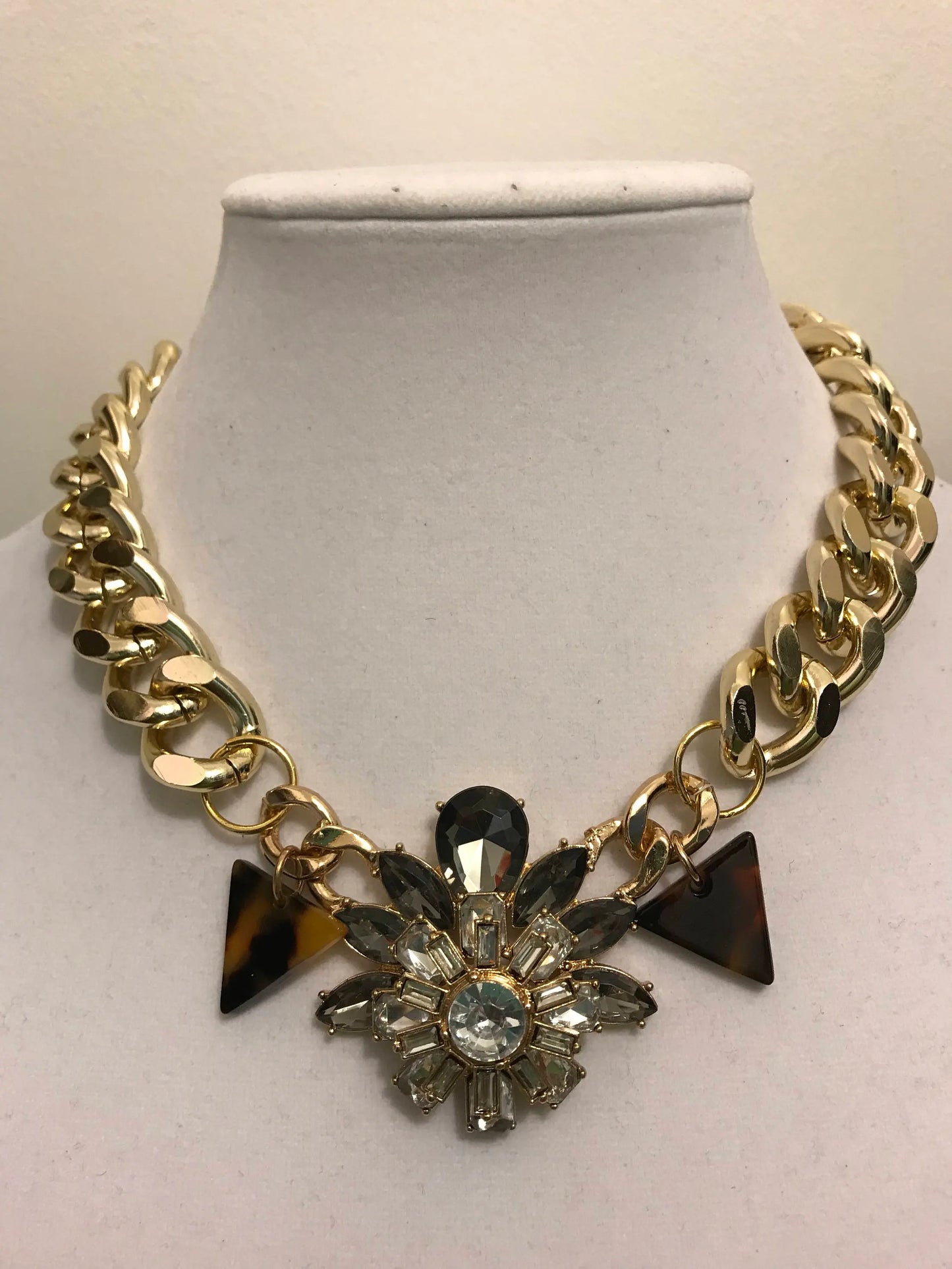 Gold statement bib necklace with matching earrings, gold chain necklace, chunky gold chain necklace, gold rhinestone earrings