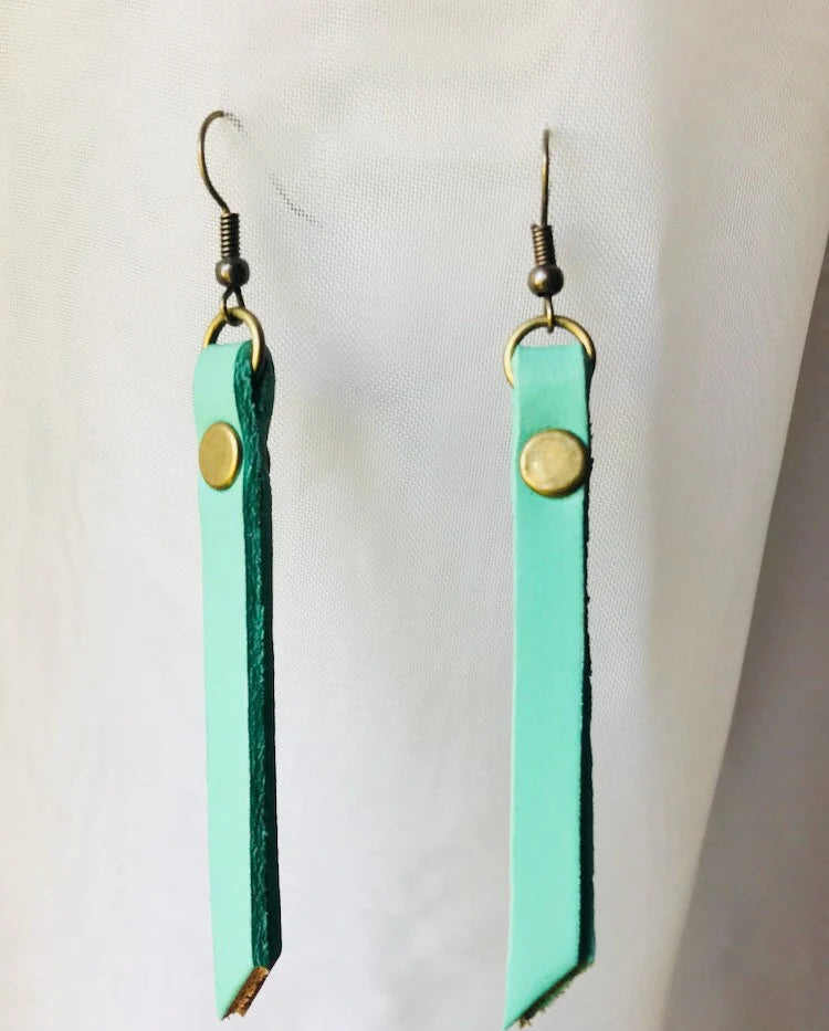 Leather earrings, leather tassel zipper pull earrings, black leather earrings, brown leather earrings, mint green leather earrings