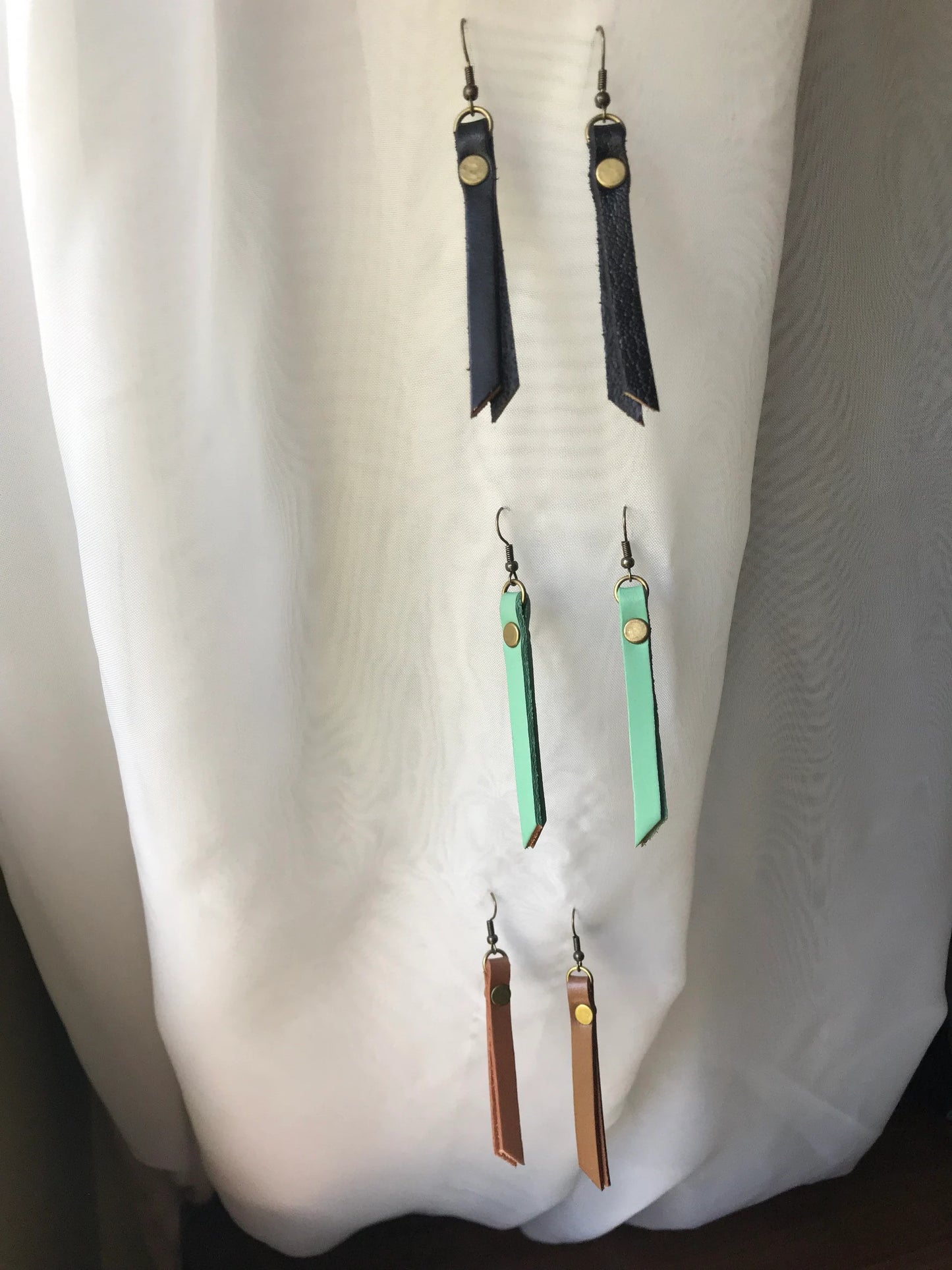 Leather earrings, leather tassel zipper pull earrings, black leather earrings, brown leather earrings, mint green leather earrings