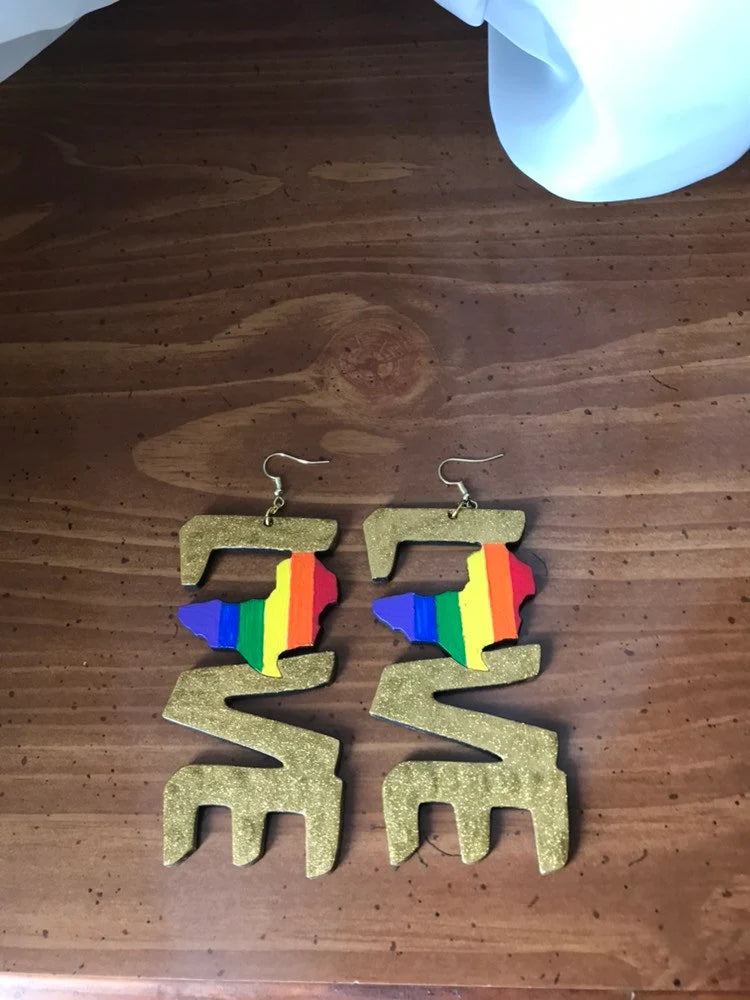 Love africa hand painted wood earrings, love is golden earrings, wood earrings, love earrings, LGBTQ inspired jewelry