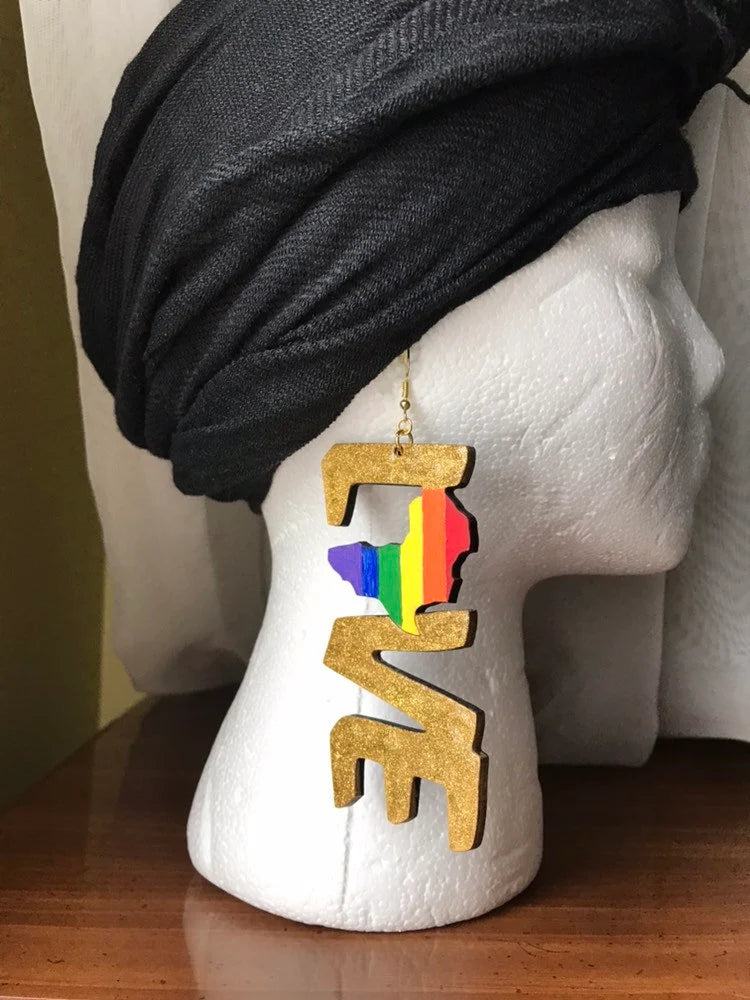 Love africa hand painted wood earrings, love is golden earrings, wood earrings, love earrings, LGBTQ inspired jewelry