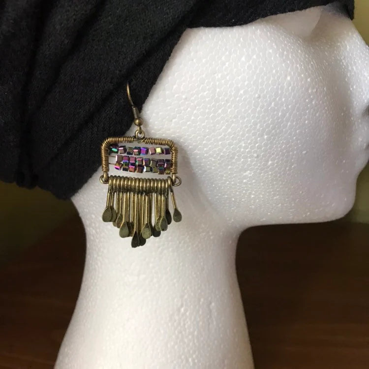 Antique brass iridescent beaded paddle drop earrings, antique style earrings, vintage earrings, wire wrapped earrings, brass earrings