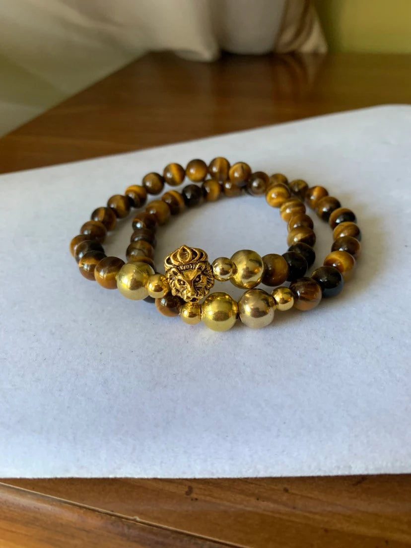 King lion bracelet set made with tiger eye glass beads and gold spacers, mens beaded bracelet set, gift for him