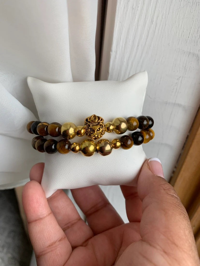 King lion bracelet set made with tiger eye glass beads and gold spacers, mens beaded bracelet set, gift for him