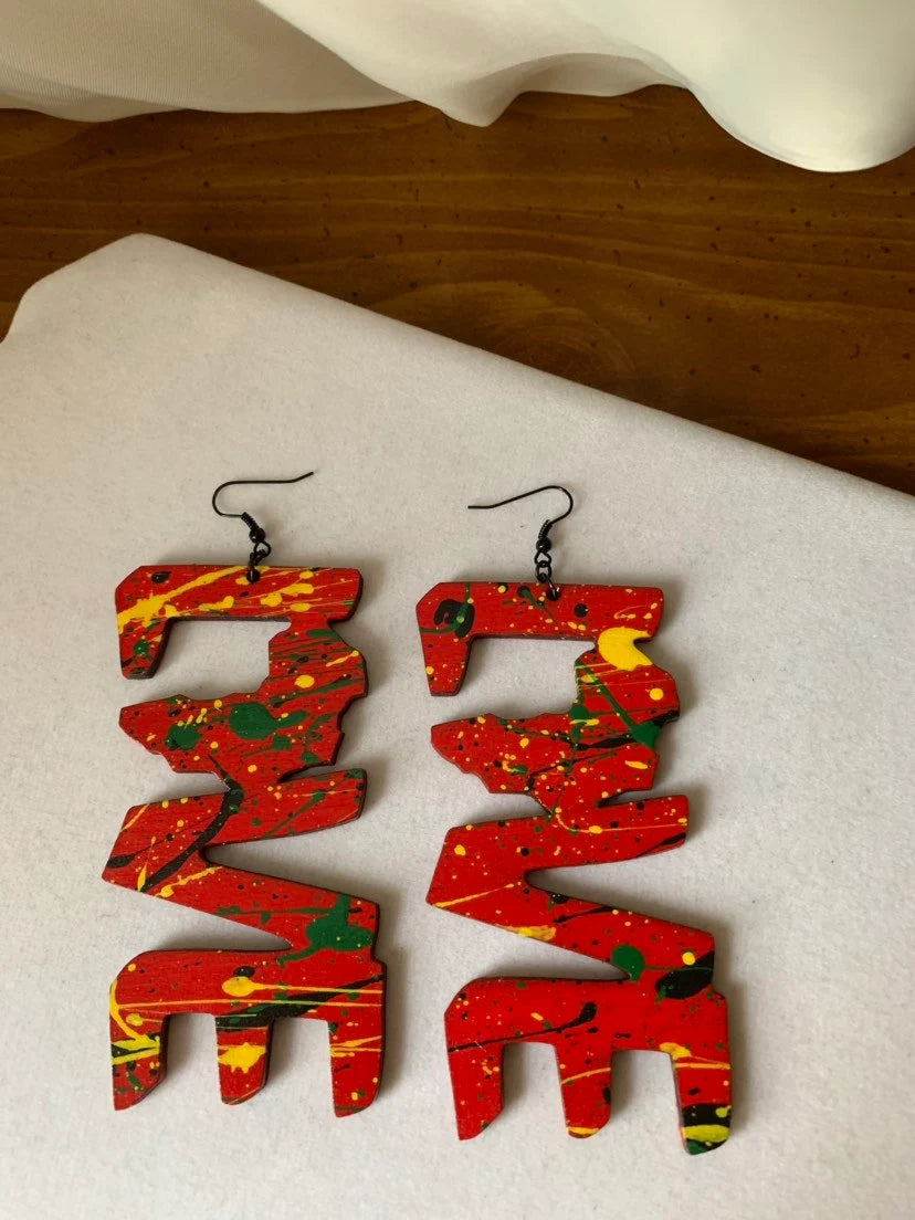 In living color splash painted i love africa wood earrings, i love africa wood earrings, wood earrings, hand painted wood earrings