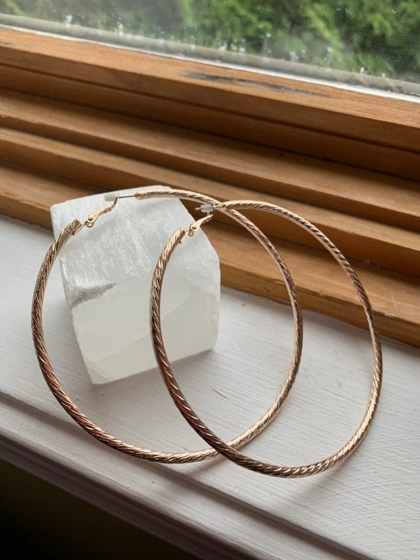 Rose gold hoops, hoop earrings, large hoop earrings, twisted rose gold earrings