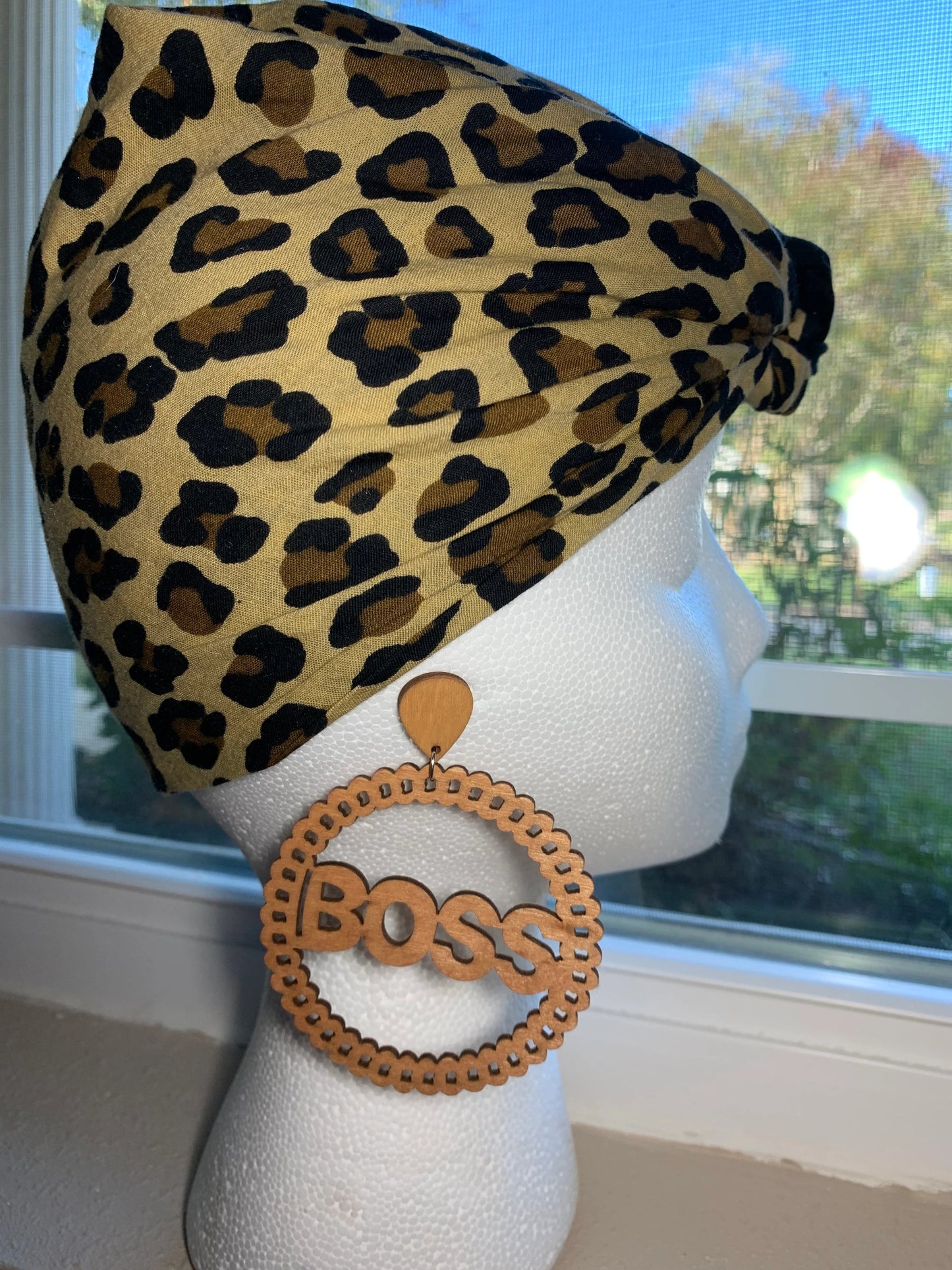 Boss script circle wood earring, Boss earrings, wood earrings, circle wood earrings