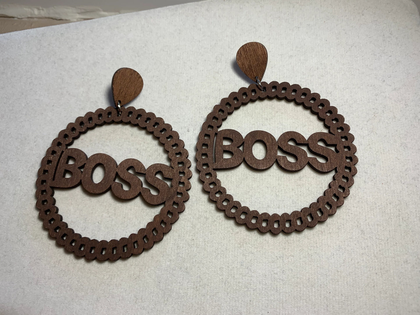Boss script circle wood earring, Boss earrings, wood earrings, circle wood earrings