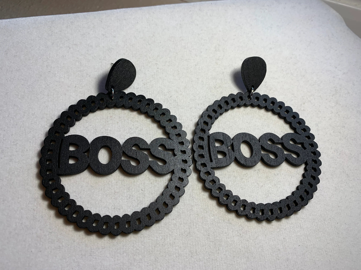 Boss script circle wood earring, Boss earrings, wood earrings, circle wood earrings