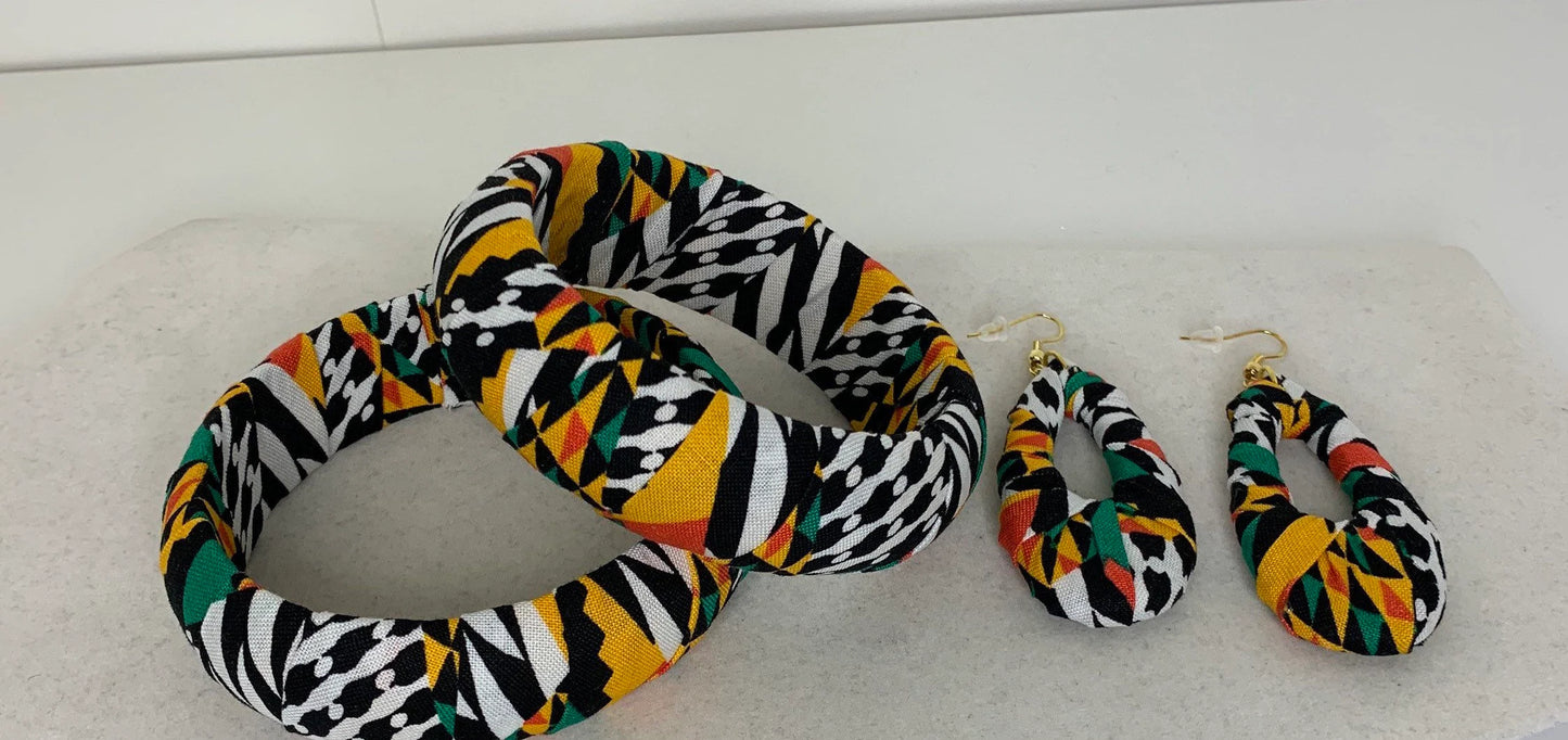 Gorgeous kente cloth wrapped bracelets and earrings set, african inspired jewelry, bracelets earrings