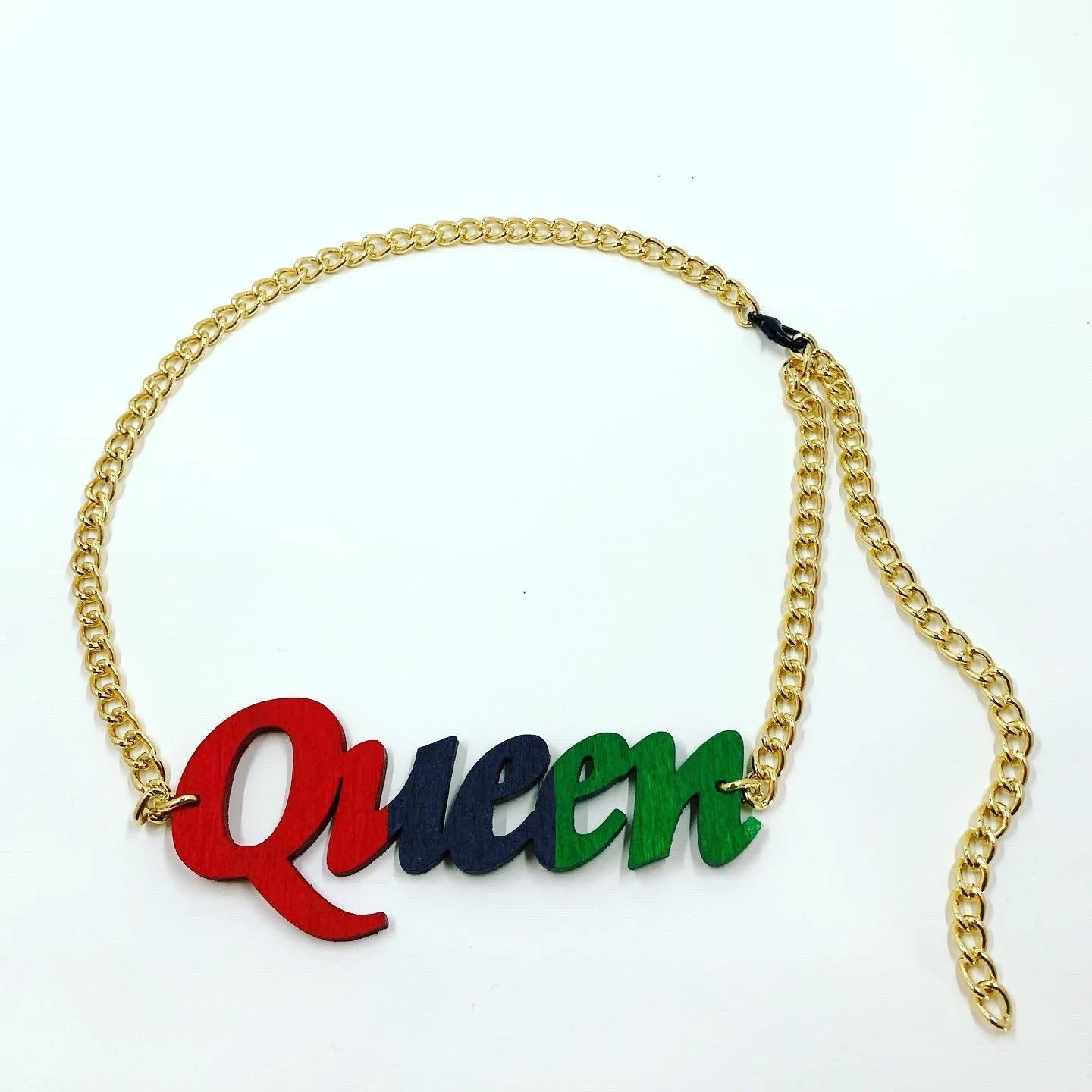 Queen necklace, wood Queen necklace, queen nameplate necklace, adjustable necklace, Queen choker on gold chain