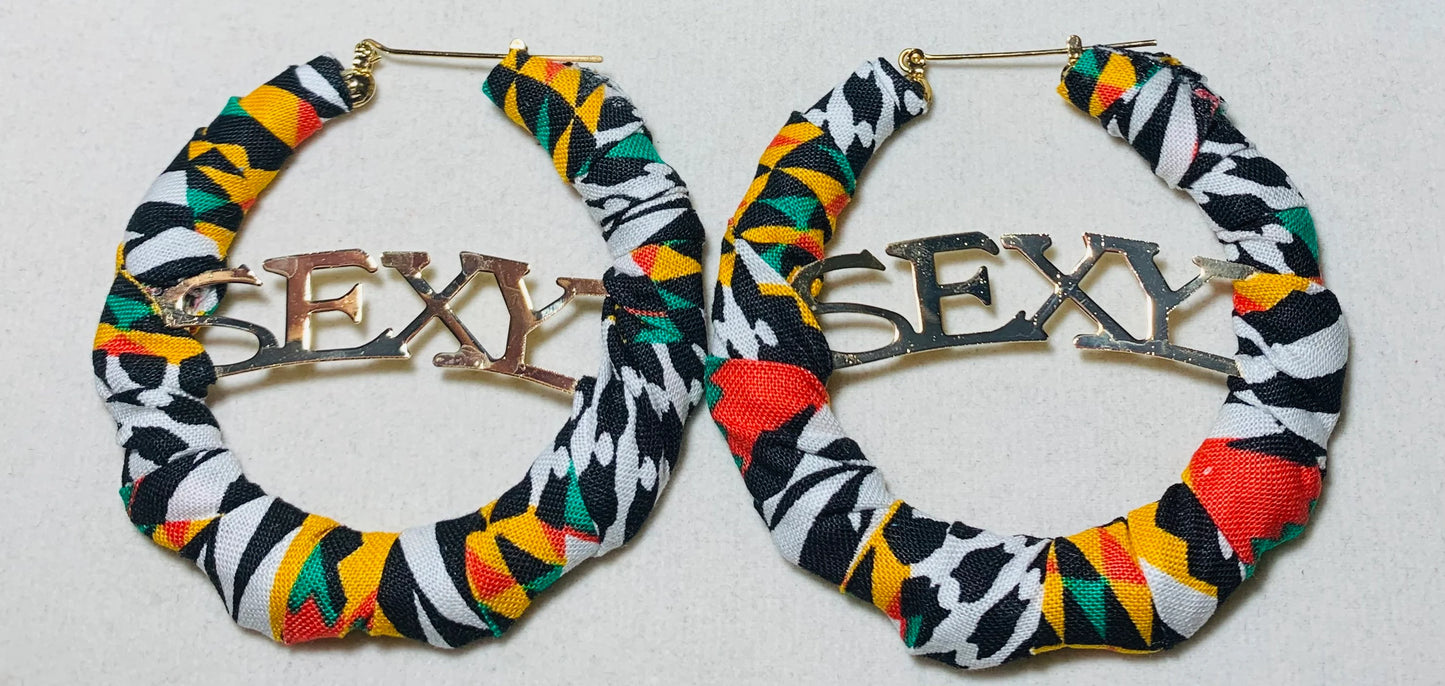 Kente Cloth wrapped bamboo hoop earrings, bamboo hoop earrings, hoop earrings With SEXY script