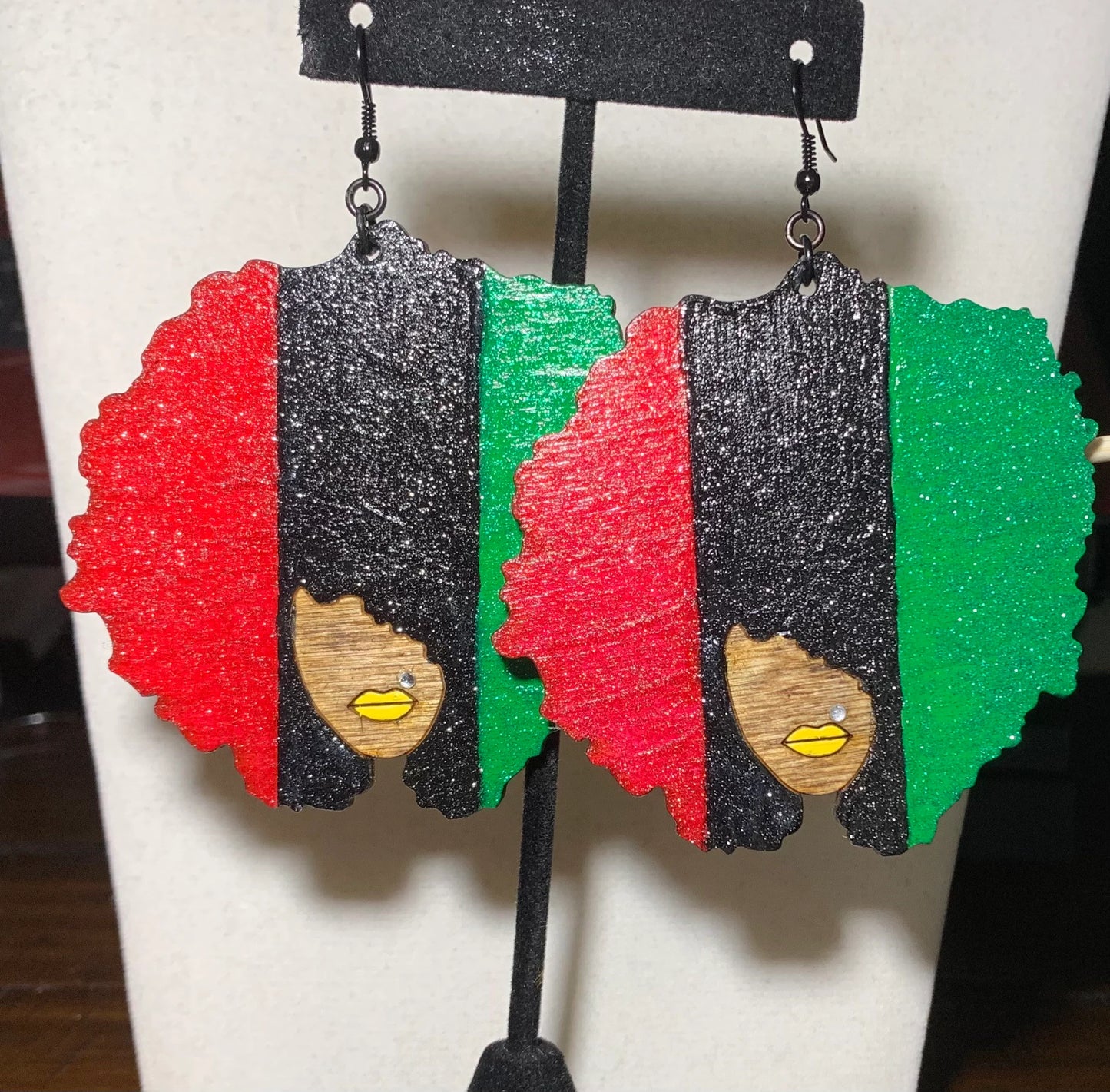 Red black green and yellow Big afro lady wood earrings, African inspired wood earrings, handpainted wood earrings