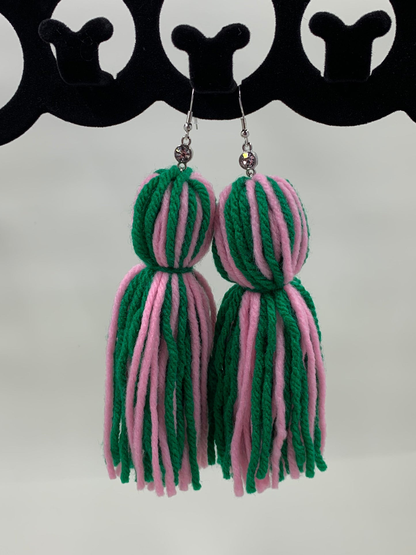 Sorority inspired colored tassel earrings, yarn tassel earrings, lightweight tassel earrings, tassel earrings